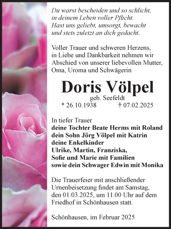 Traueranzeige von Doris Völpel von Volksstimme Altmark Ost
