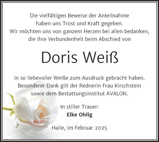 Traueranzeige von Doris Weiß von Mitteldeutsche Zeitung Halle/Saalkreis