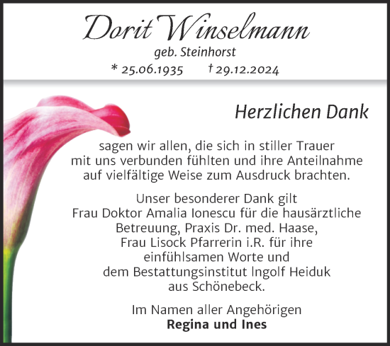 Traueranzeige von Dorit Winselmann von Trauerkombi Bernburg