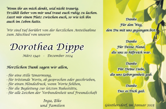 Traueranzeige von Dorothea Dippe von Volksstimme Oschersleben/Wanzleben