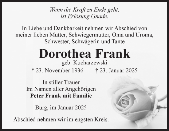 Traueranzeige von Dorothea Frank von Volksstimme Burg/Genthin