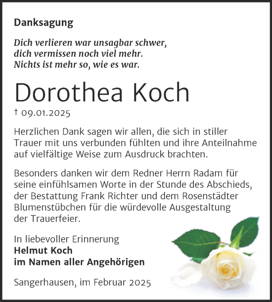 Traueranzeige von Dorothea Koch von Trauerkombi Sangerhausen