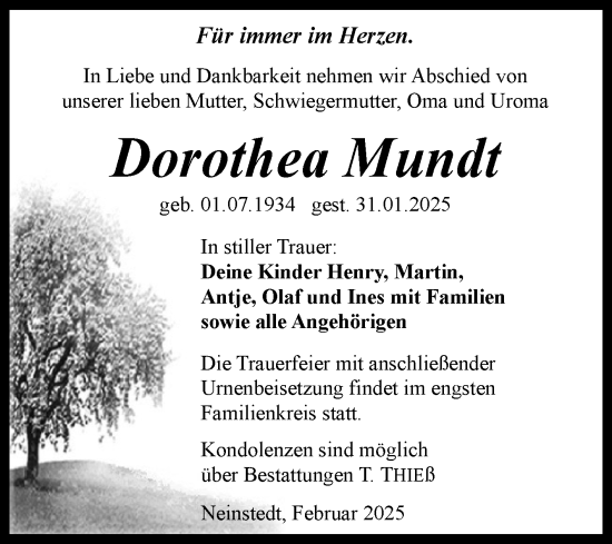 Traueranzeige von Dorothea Mundt von Trauerkombi Quedlinburg