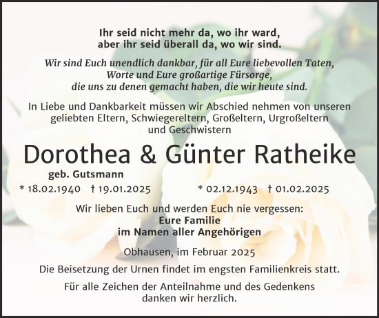 Traueranzeige von Dorothea und Günter Ratheike von Trauerkombi Merseburg