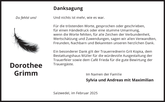 Traueranzeige von Dorothee Grimm von Volksstimme Altmark West
