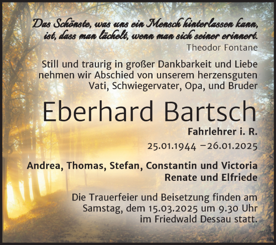 Traueranzeige von Eberhard Bartsch von Trauerkombi Dessau