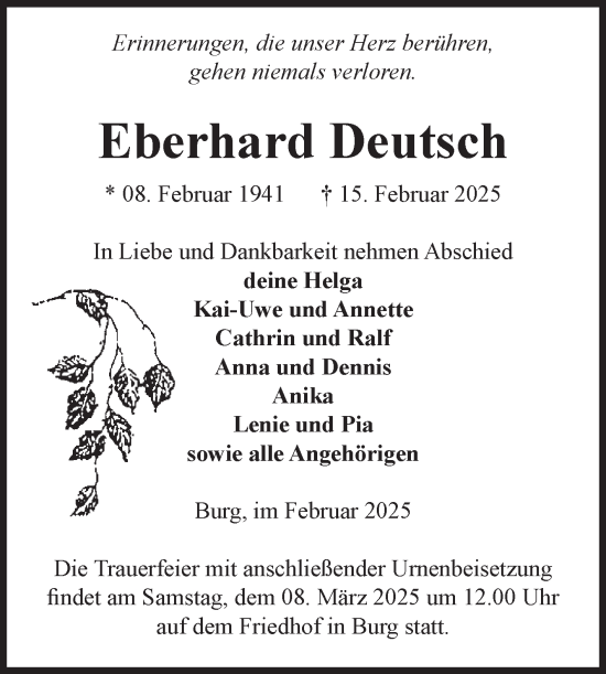 Traueranzeige von Eberhard Deutsch von Volksstimme Burg/Genthin