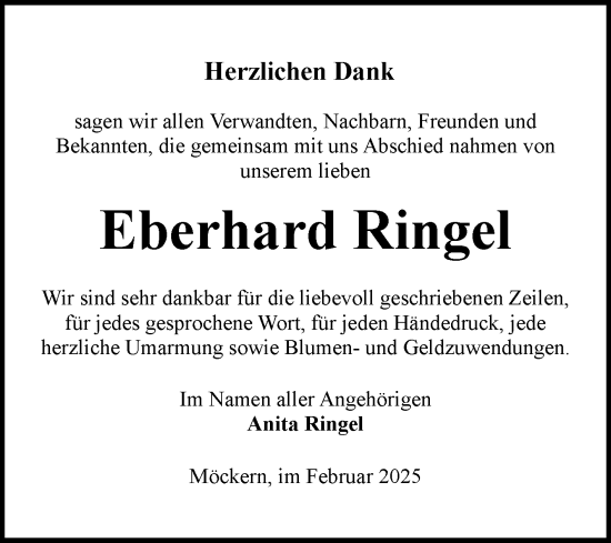 Traueranzeige von Eberhard Ringel von Volksstimme Burg/Genthin