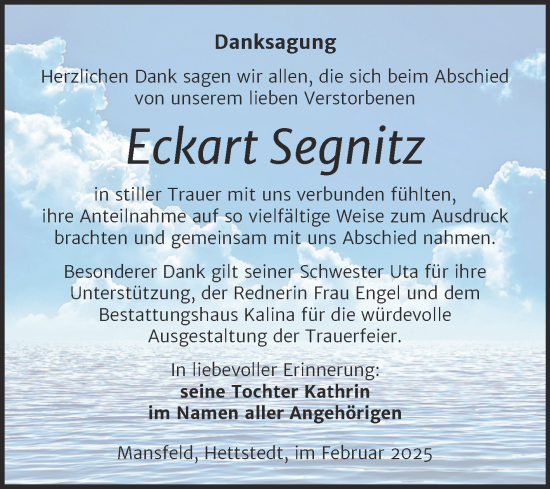 Traueranzeige von Eckart Segnitz von Trauerkombi Mansfelder Land