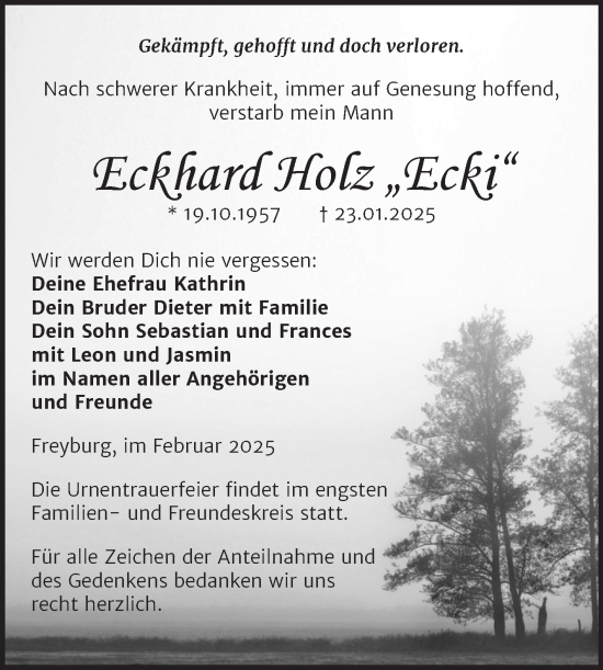 Traueranzeige von Eckhard Holz von Super Sonntag Naumburg/Nebra