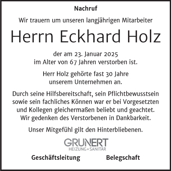 Traueranzeige von Eckhard Holz von Super Sonntag Naumburg/Nebra