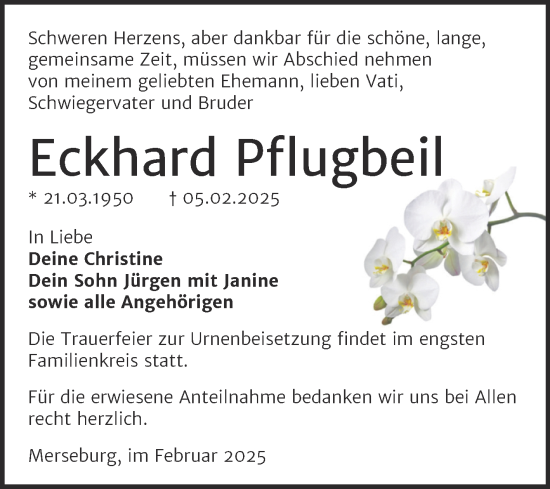 Traueranzeige von Eckhard Pflugbeil von Trauerkombi Merseburg