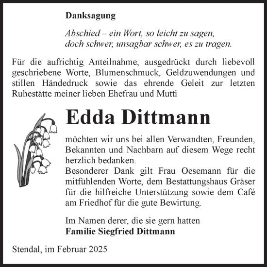 Traueranzeige von Edda Dittmann von Volksstimme Altmark Ost