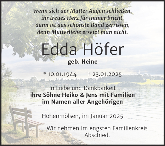 Traueranzeige von Edda Höfer von Trauerkombi Weißenfels