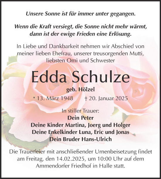 Traueranzeige von Edda Schulze von Mitteldeutsche Zeitung Halle/Saalkreis