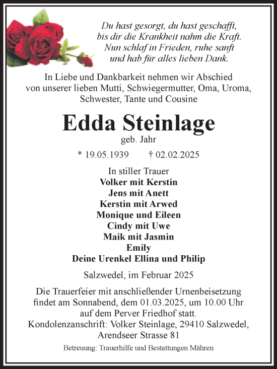 Traueranzeige von Edda Steinlage von Volksstimme Altmark West