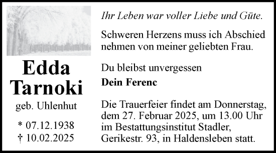 Traueranzeige von Edda Tarnoki von Volksstimme Haldensleben/Wolmirstedt