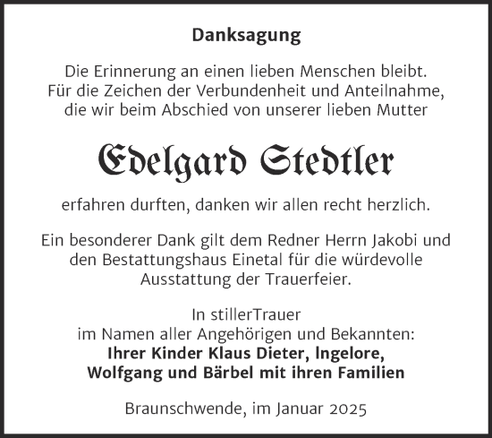 Traueranzeige von Edelgard Stedtler von Super Sonntag Mansfelder Land