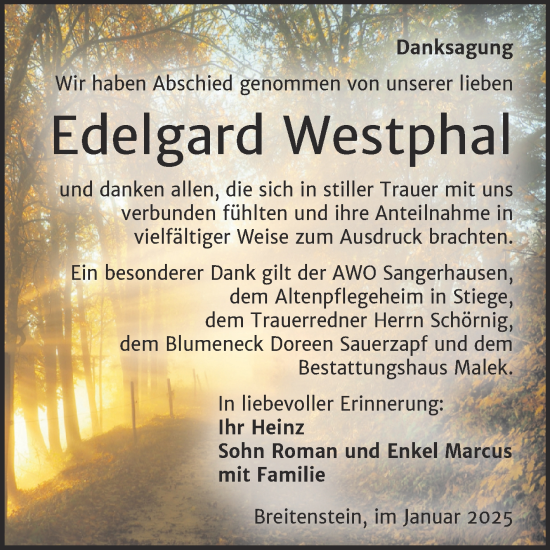 Traueranzeige von Edelgard Westphal von Trauerkombi Sangerhausen