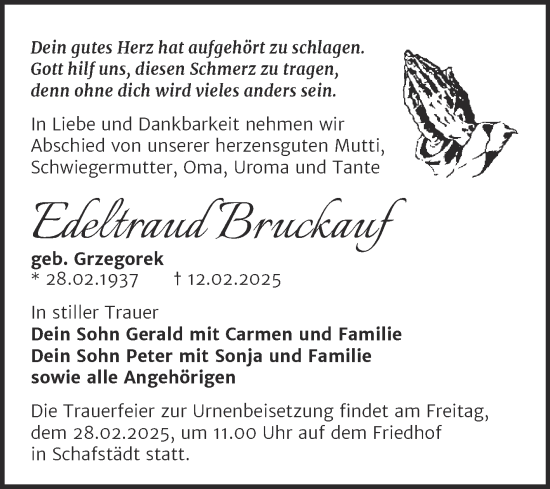 Traueranzeige von Edeltraud Bruckauf von Trauerkombi Merseburg