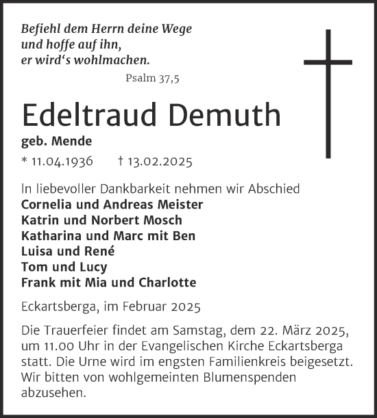 Traueranzeige von Edeltraud Demuth von Super Sonntag Naumburg/Nebra
