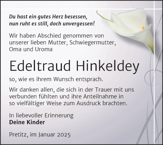 Traueranzeige von Edeltraud Hinkeldey von Super Sonntag Naumburg/Nebra