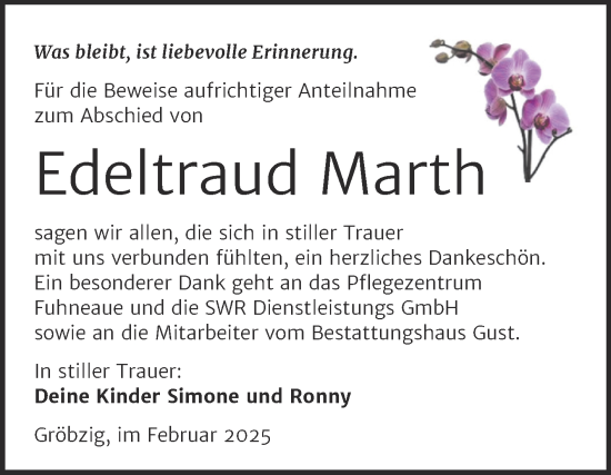 Traueranzeige von Edeltraud Marth von Trauerkombi Köthen