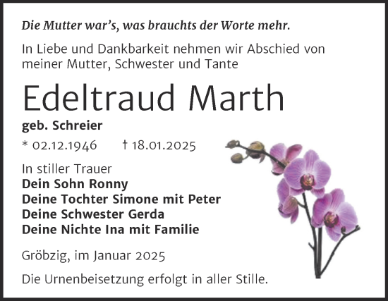 Traueranzeige von Edeltraud Marth von Trauerkombi Köthen