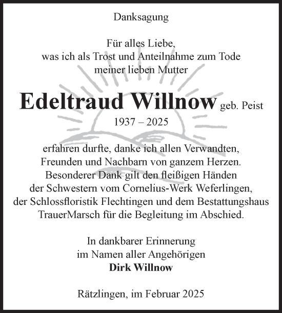 Traueranzeige von Edeltraud Willnow von Volksstimme Haldensleben/Wolmirstedt