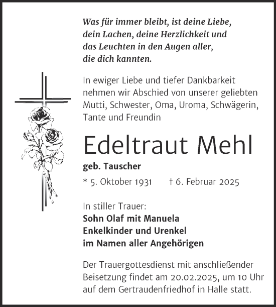 Traueranzeige von Edeltraut Mehl von Mitteldeutsche Zeitung Halle/Saalkreis