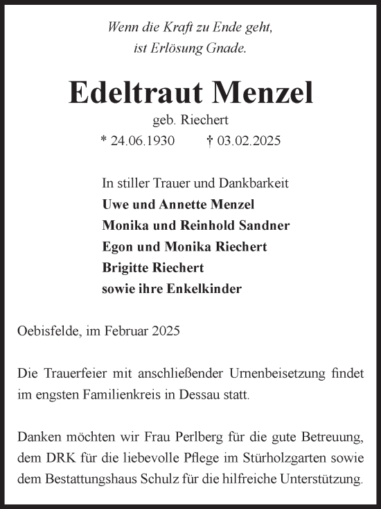 Traueranzeige von Edeltraut Menzel von Volksstimme Altmark West