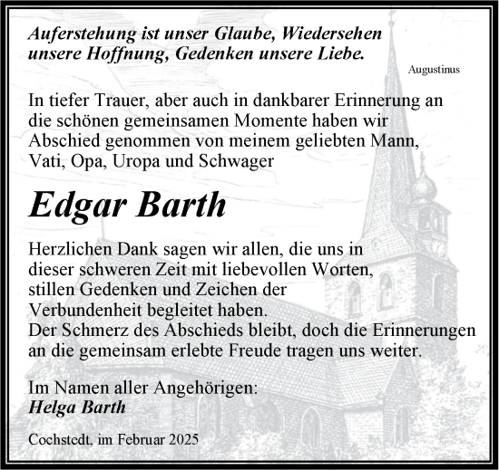 Traueranzeige von Edgar Barth von Mitteldeutsche Zeitung Aschersleben