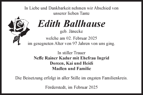 Traueranzeige von Edith Ballhause von Volksstimme Staßfurt