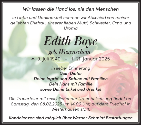 Traueranzeige von Edith Boye von Trauerkombi Quedlinburg