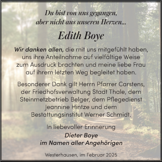 Traueranzeige von Edith Boye von Trauerkombi Quedlinburg