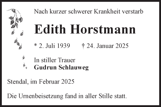 Traueranzeige von Edith Horstmann von Volksstimme Altmark Ost