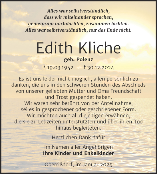 Traueranzeige von Edith Kliche von Trauerkombi Mansfelder Land