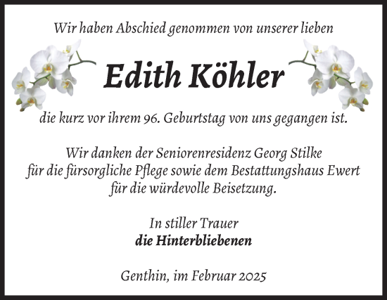 Traueranzeige von Edith Köhler von Volksstimme Burg/Genthin