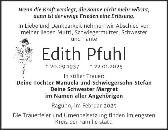 Traueranzeige von Edith Pfuhl von Trauerkombi Bitterfeld