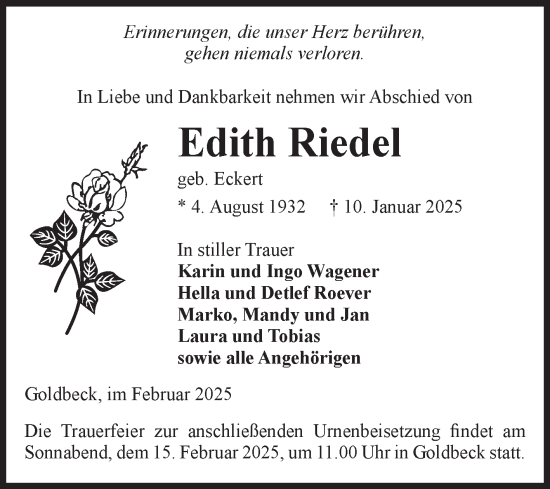 Traueranzeige von Edith Riedel von Volksstimme Altmark Ost