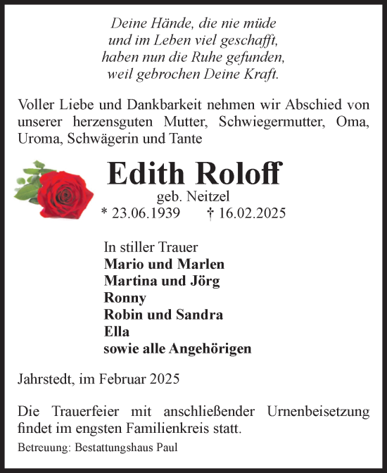 Traueranzeige von Edith Roloff von Volksstimme Altmark West