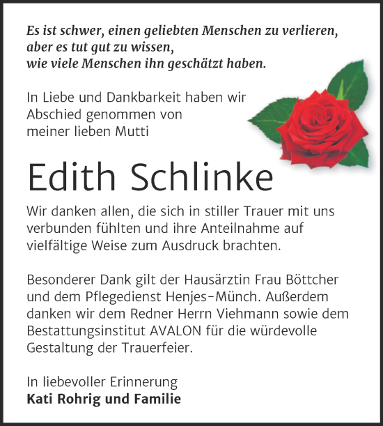 Traueranzeige von Edith Schlinke von Trauerkombi Merseburg