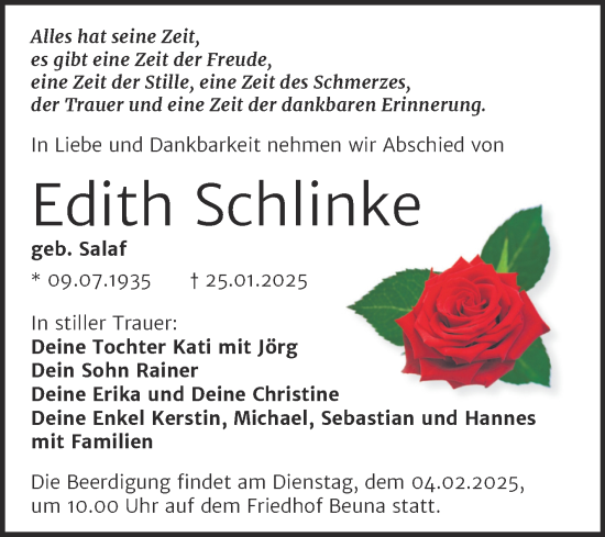 Traueranzeige von Edith Schlinke von Trauerkombi Merseburg