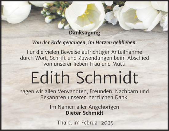 Traueranzeige von Edith Schmidt von Trauerkombi Quedlinburg