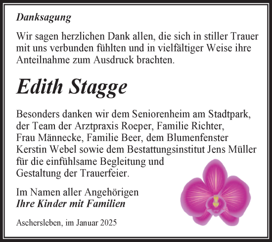 Traueranzeige von Edith Stagge von Trauerkombi Aschersleben