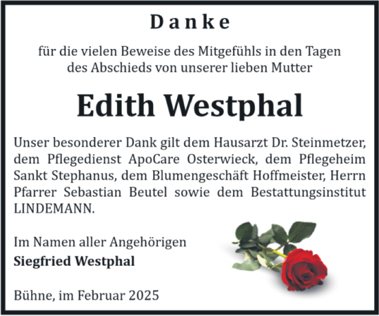 Traueranzeige von Edith Westphal von Volksstimme Halberstadt