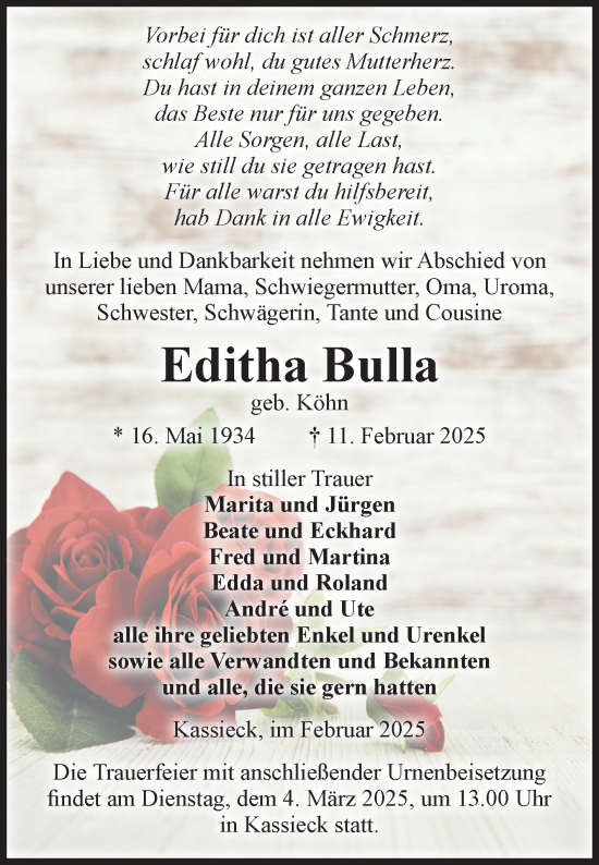 Traueranzeige von Editha Bulla von Volksstimme Altmark Ost