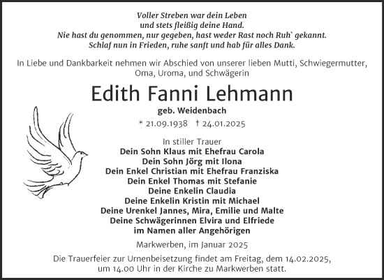 Traueranzeige von Edith Fanni Lehmann von Trauerkombi Weißenfels