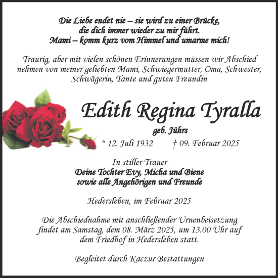 Traueranzeige von Edith Regina Tyralla von Super Sonntag Quedlingburg