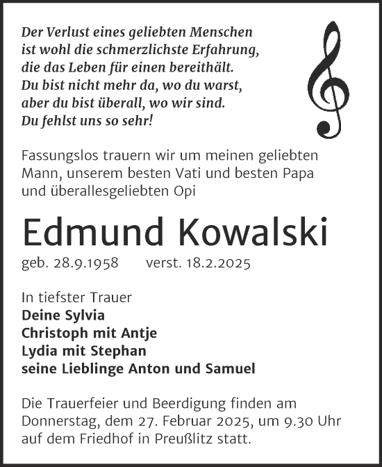 Traueranzeige von Edmund Kowalski von Mitteldeutsche Zeitung Bernburg